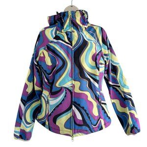 Athleta Womens Sz S Purple Blue Yellow Swirl Zip Hooded Fleece Lined Jacket